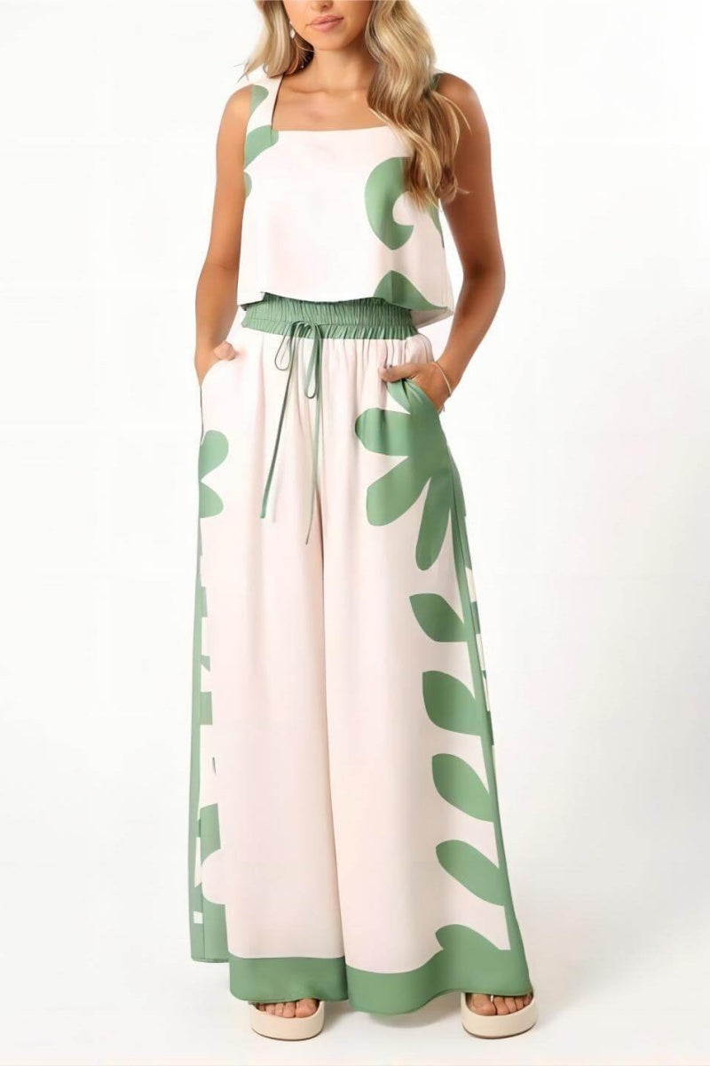 Sleeveless Folk Flower Loose Wide-Leg Trousers Set