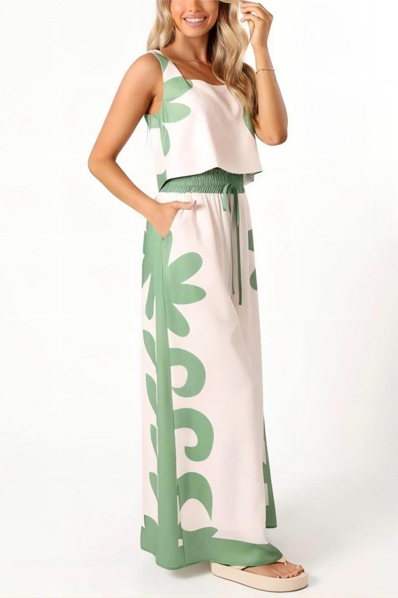 Sleeveless Folk Flower Loose Wide-Leg Trousers Set
