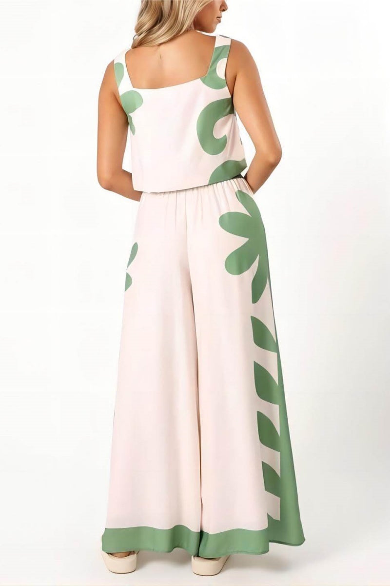 Sleeveless Folk Flower Loose Wide-Leg Trousers Set