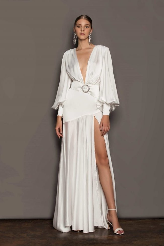 Phoebe V-Neck Belted Slit Maxi-Length Dress