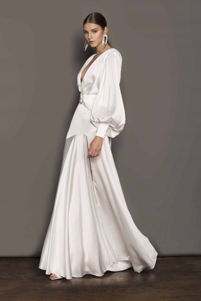 Phoebe V-Neck Belted Slit Maxi-Length Dress