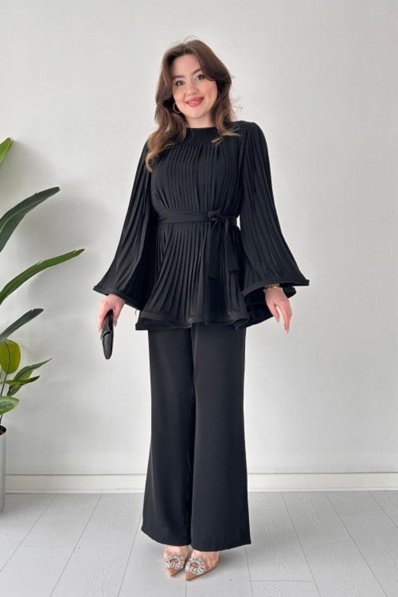 Pleated Flare Tops Trousers Set