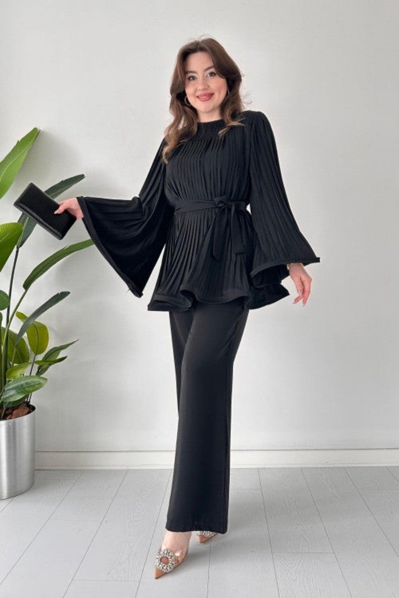 Pleated Flare Tops Trousers Set