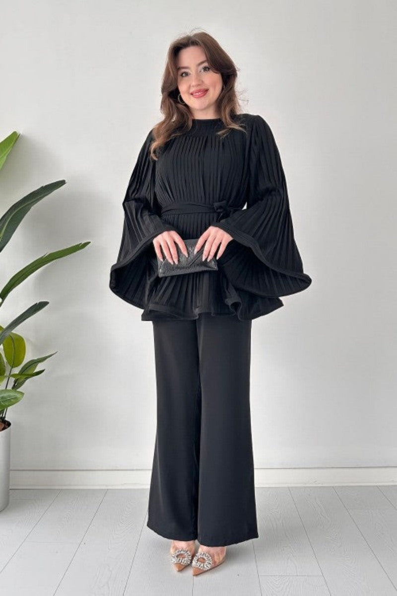 Pleated Flare Tops Trousers Set