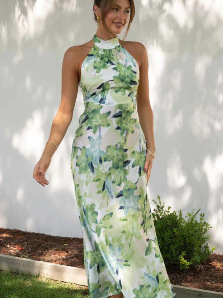 Gill Patterned Halterneck Open-Back Satin Midi-Length Dress