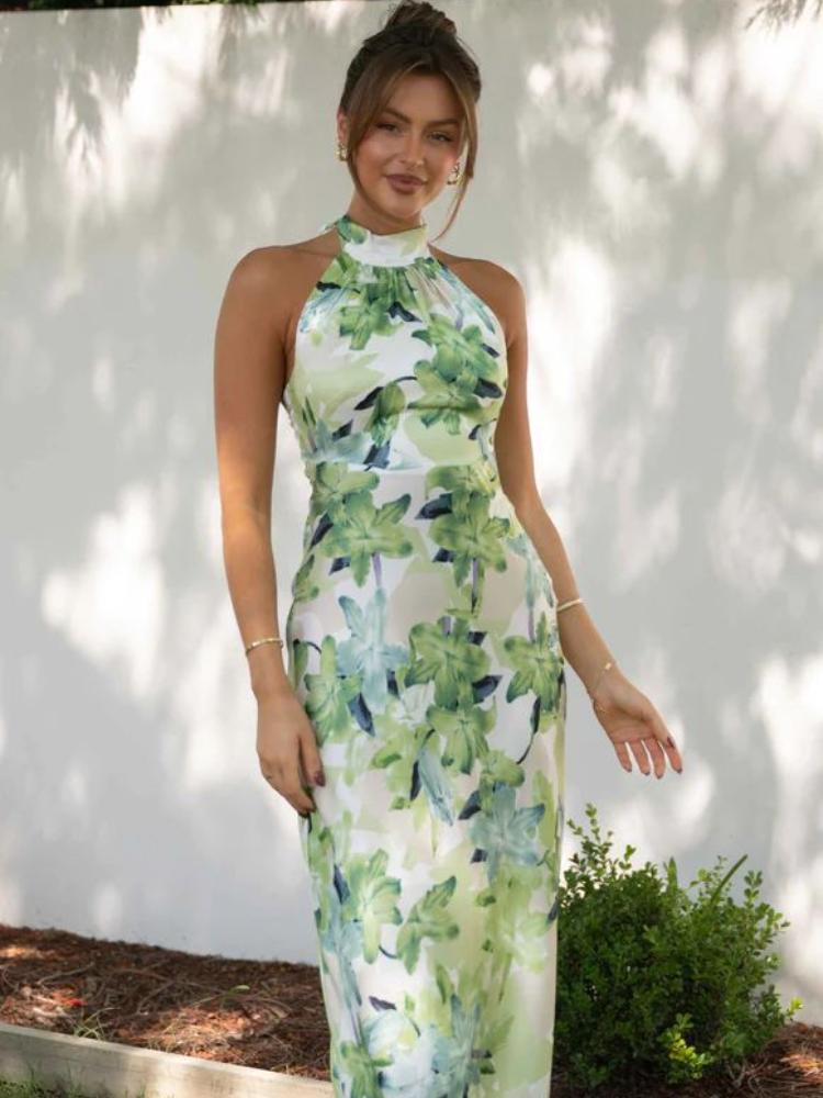 Gill Patterned Halterneck Open-Back Satin Midi-Length Dress