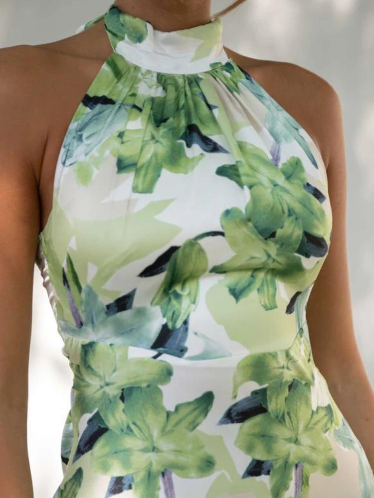 Gill Patterned Halterneck Open-Back Satin Midi-Length Dress