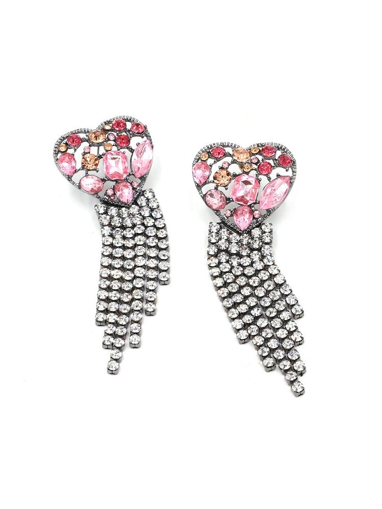 Statement Puzzle Heart Diamante Tassel Earrings