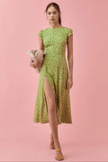 Rachel Patterned Crew Neck slit midi sundress