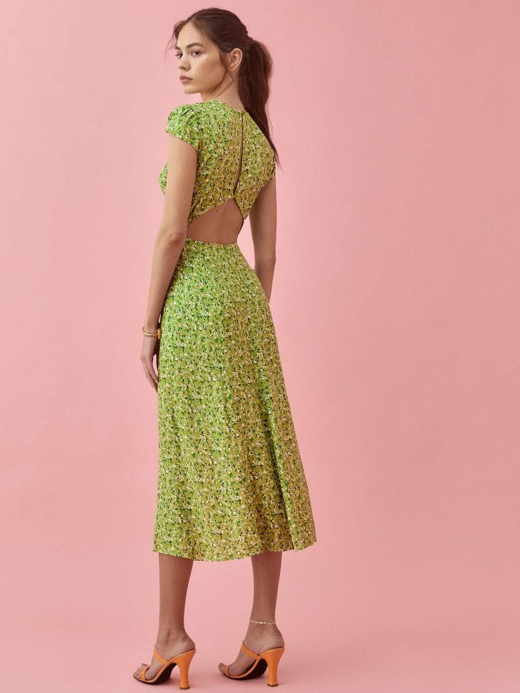 Rachel Patterned Crew Neck slit midi sundress