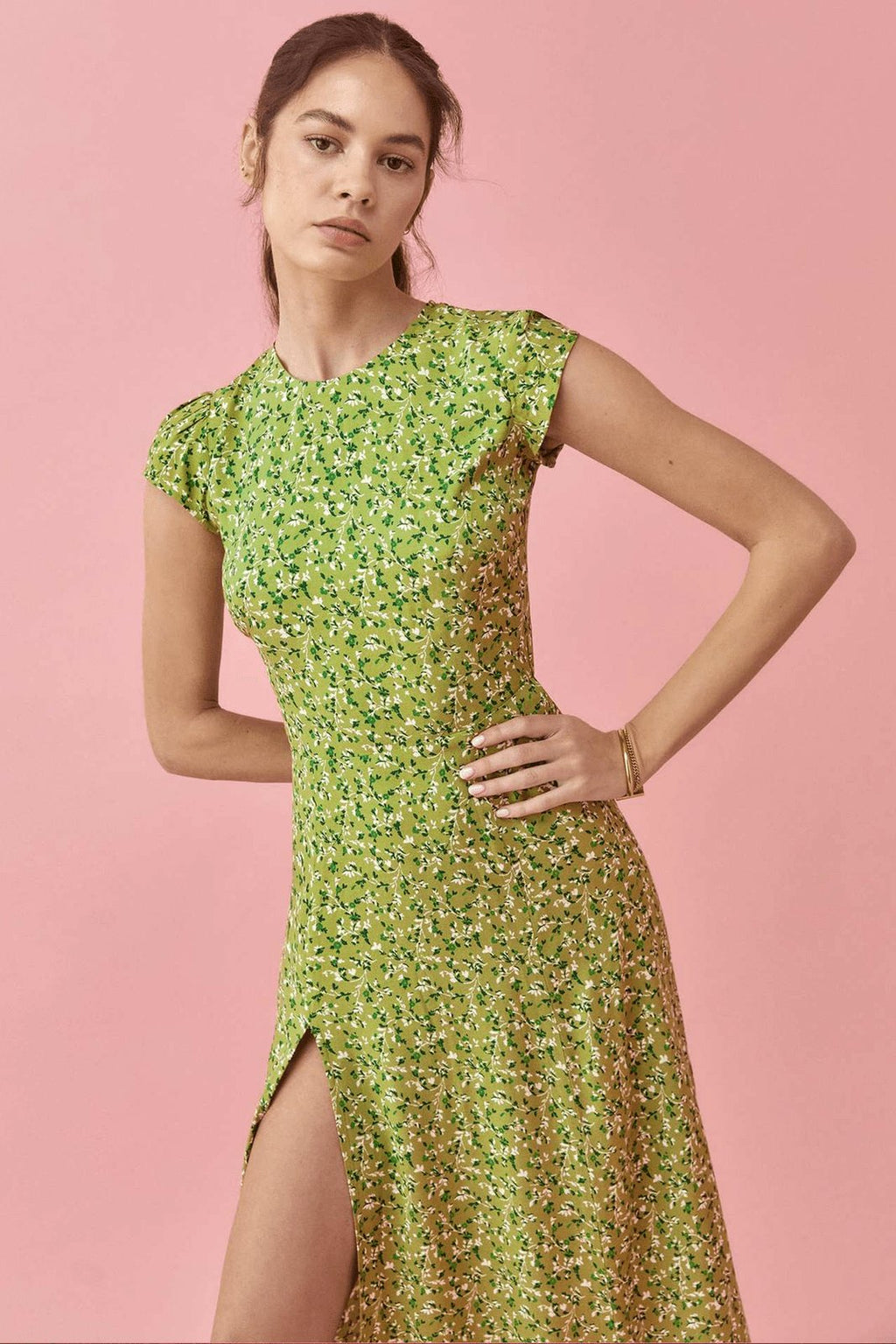 Rachel Patterned Crew Neck slit midi sundress