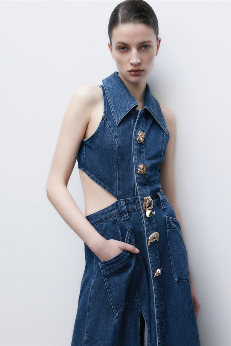 Regina Lapel Collar Cut-out Denim Maxi-Length Dress