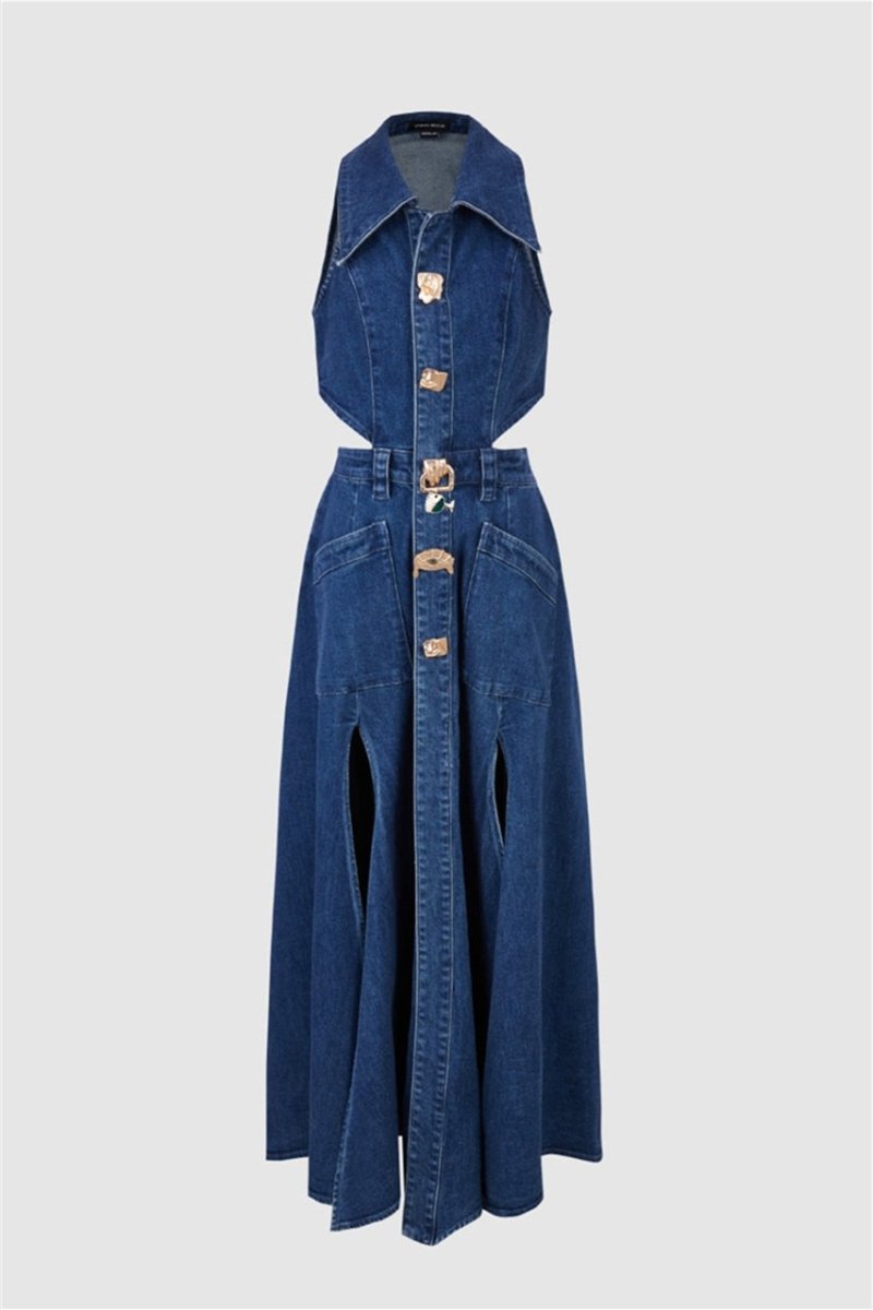 Regina Lapel Collar Cut-out Denim Maxi-Length Dress