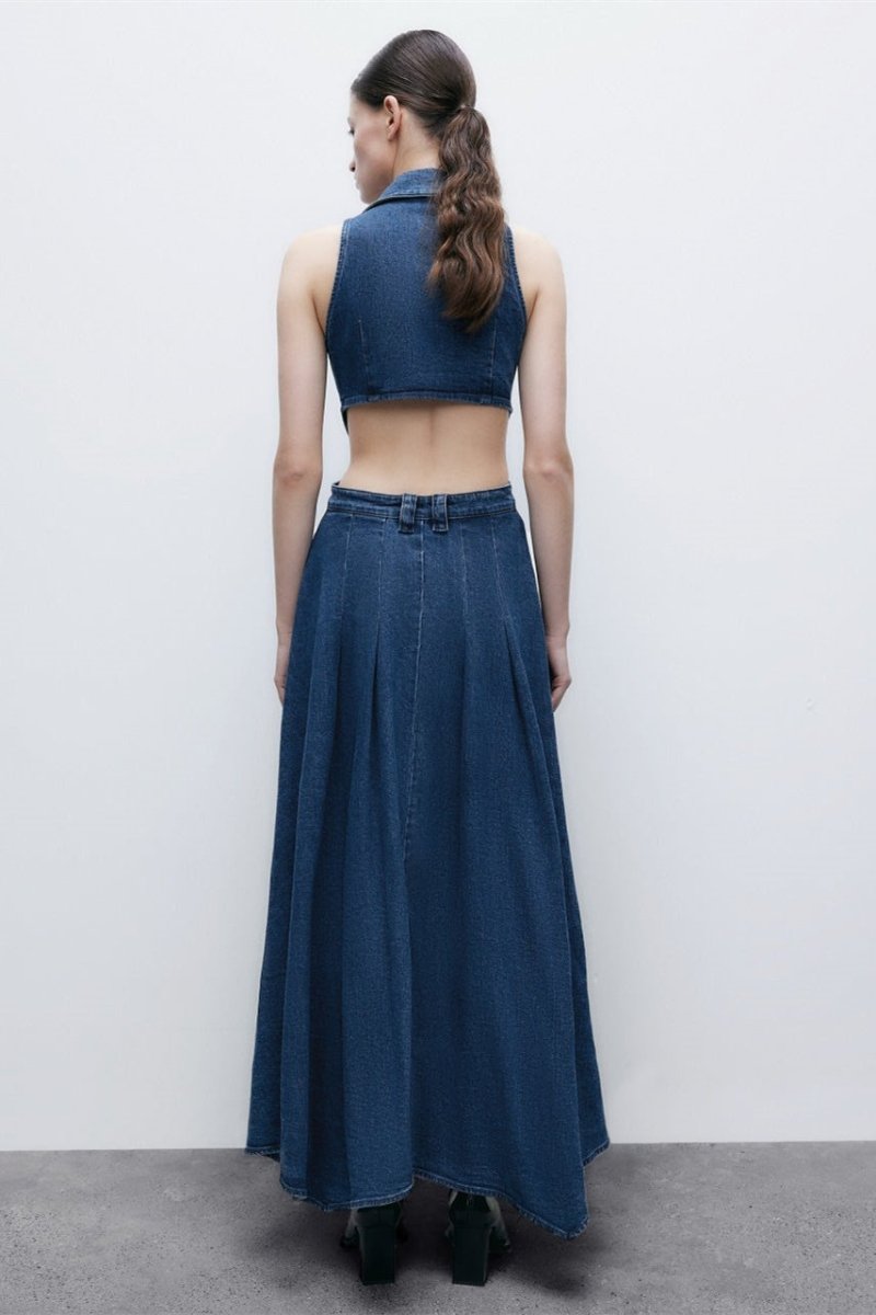 Regina Lapel Collar Cut-out Denim Maxi-Length Dress
