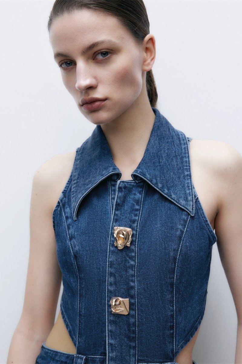 Regina Lapel Collar Cut-out Denim Maxi-Length Dress