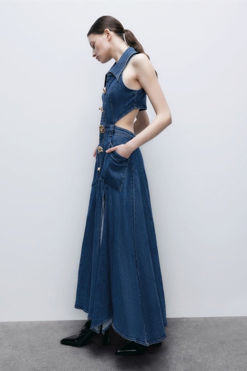 Regina Lapel Collar Cut-out Denim Maxi-Length Dress