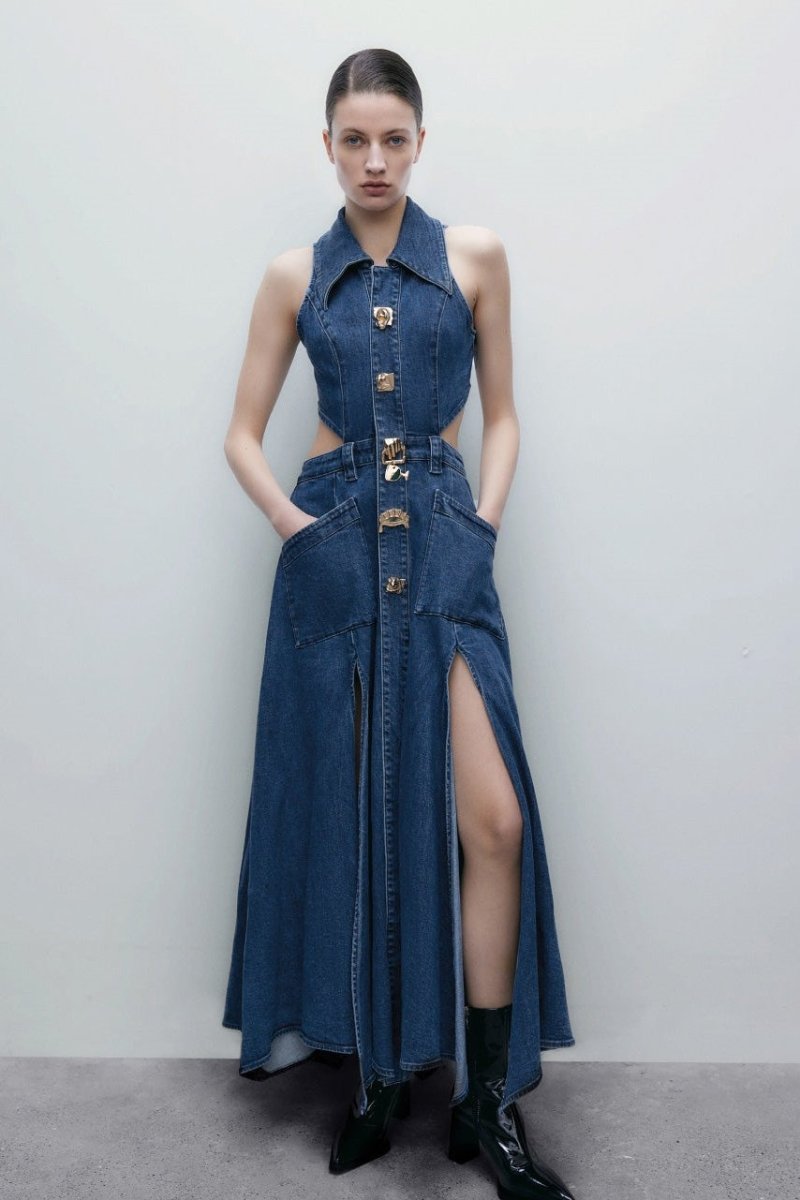 Regina Lapel Collar Cut-out Denim Maxi-Length Dress