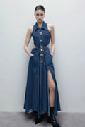 Regina Lapel Collar Cut-out Denim Maxi-Length Dress