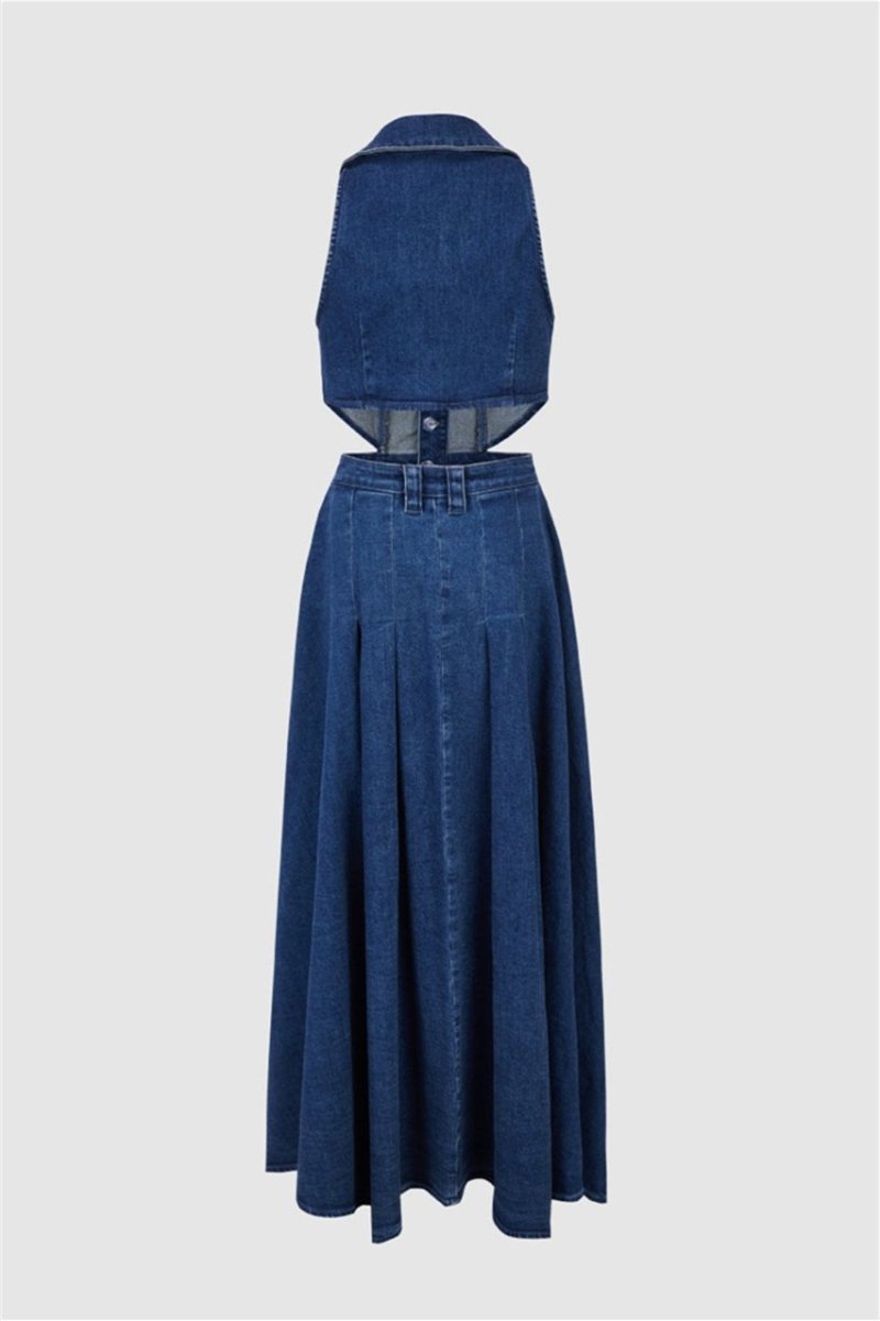 Regina Lapel Collar Cut-out Denim Maxi-Length Dress