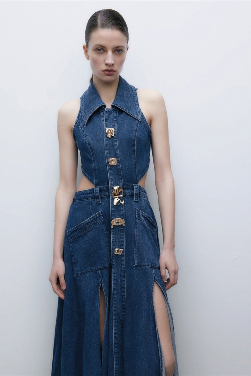 Regina Lapel Collar Cut-out Denim Maxi-Length Dress