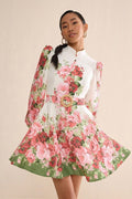 Renata Flower Patterned Balloon Sleeves Midi-Length Dress