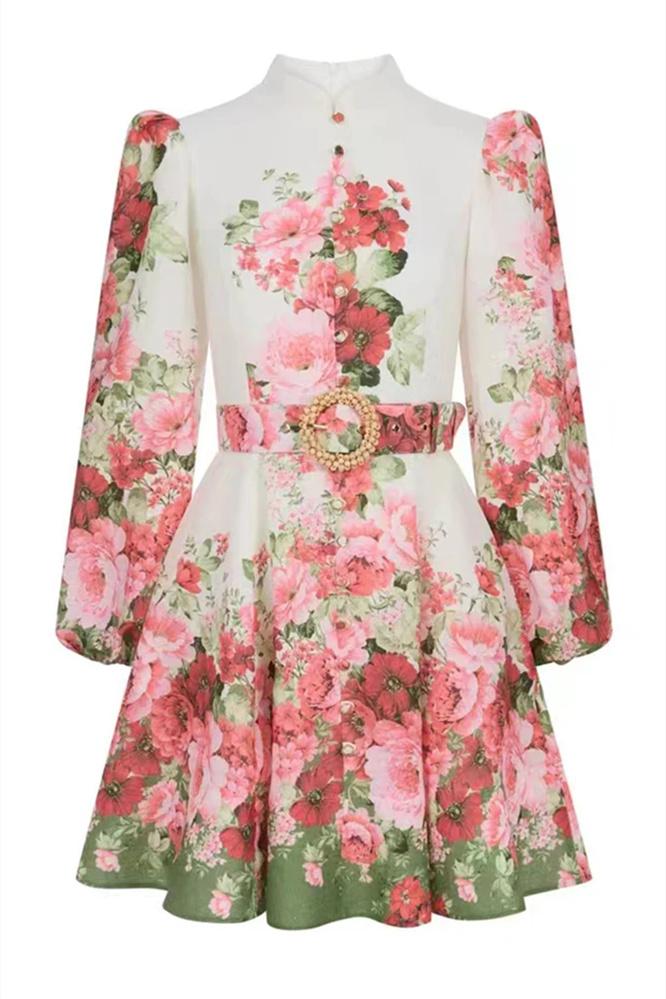 Renata Flower Patterned Balloon Sleeves Midi-Length Dress