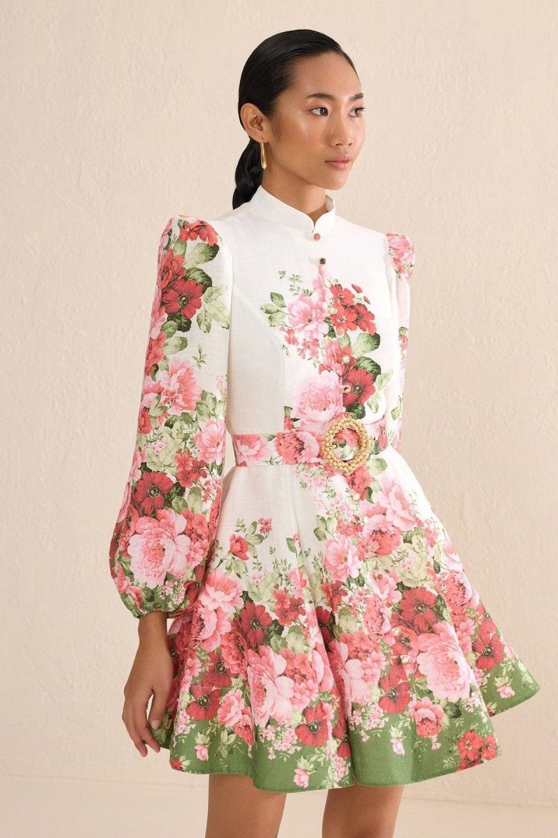 Renata Flower Patterned Balloon Sleeves Midi-Length Dress