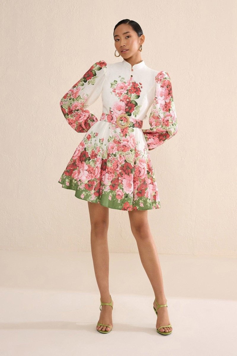 Renata Flower Patterned Balloon Sleeves Midi-Length Dress