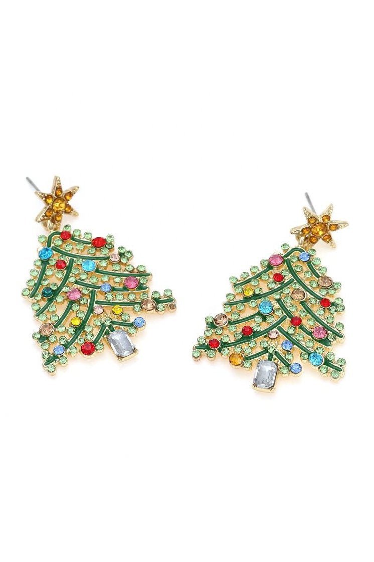 Crystal-Detail Christmas Tree Drop Earrings