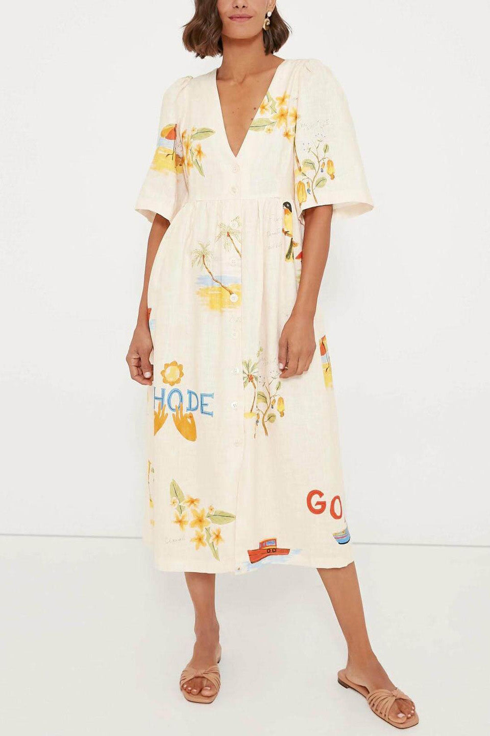 Patterned Linen Midi-Length Dress
