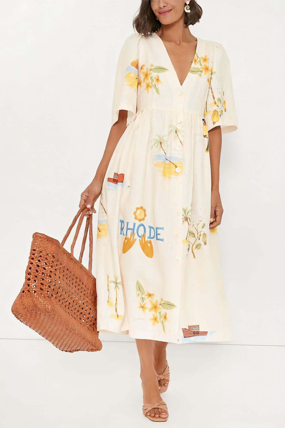 Patterned Linen Midi-Length Dress