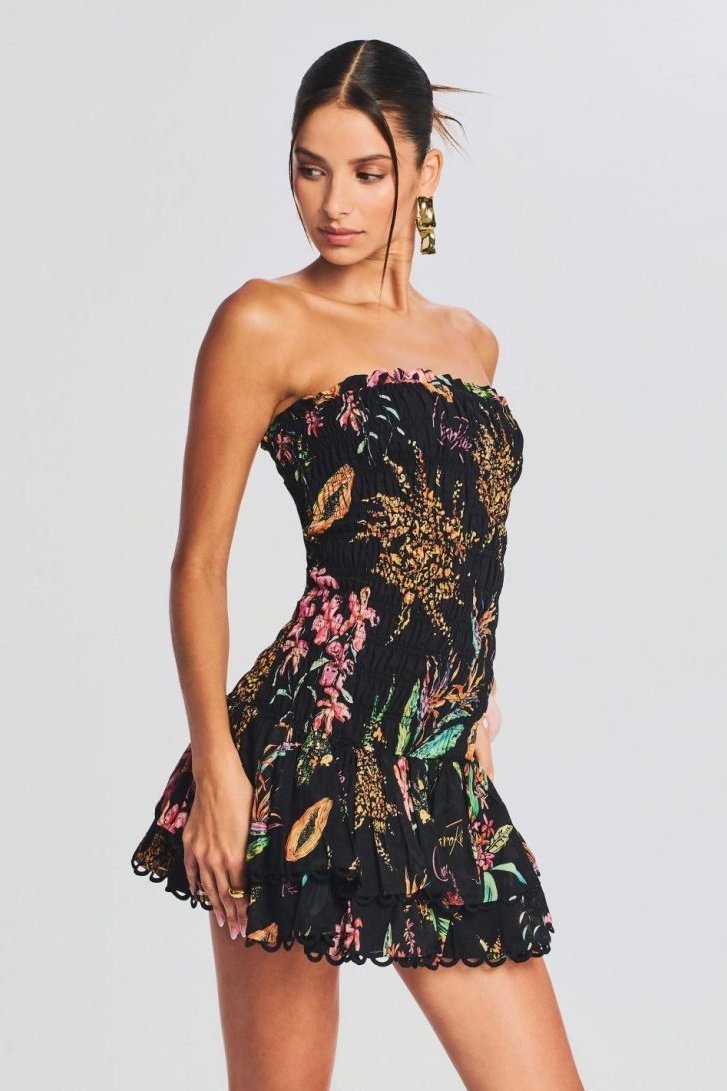 Rosa Shirred Patterned Mini-Length Dress
