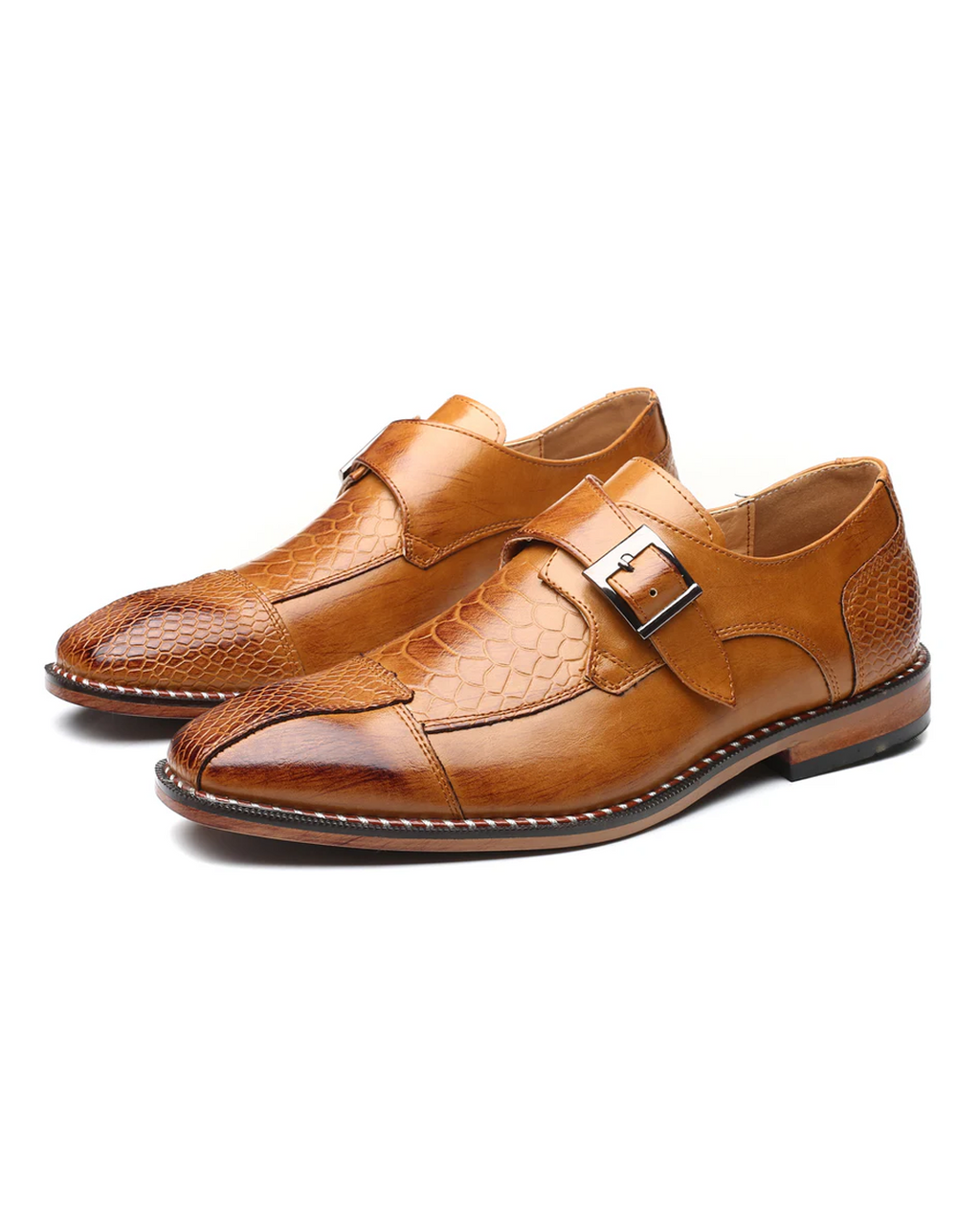 Full-Grain Leather Monk Strap Shoes with Embossed Texture