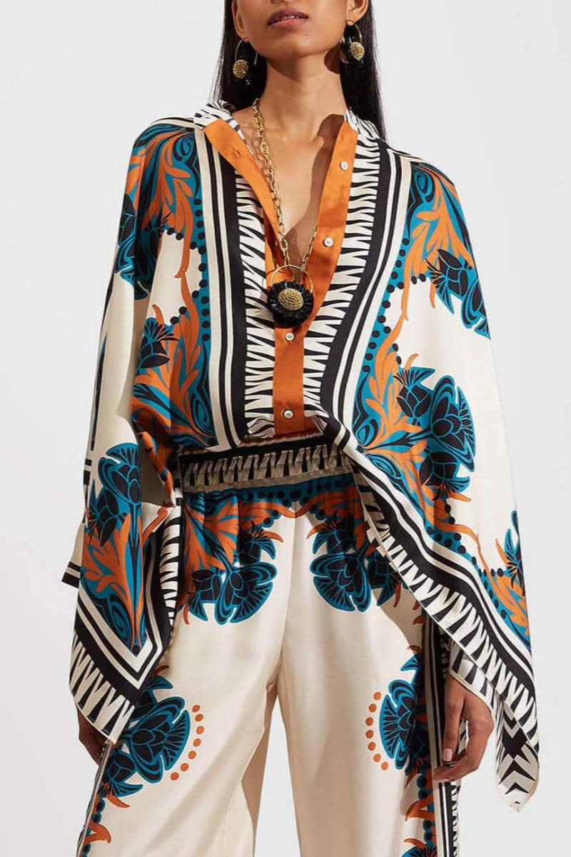 Fine Satin Flower Print Batwing Sleeve Trousers Set - Orange