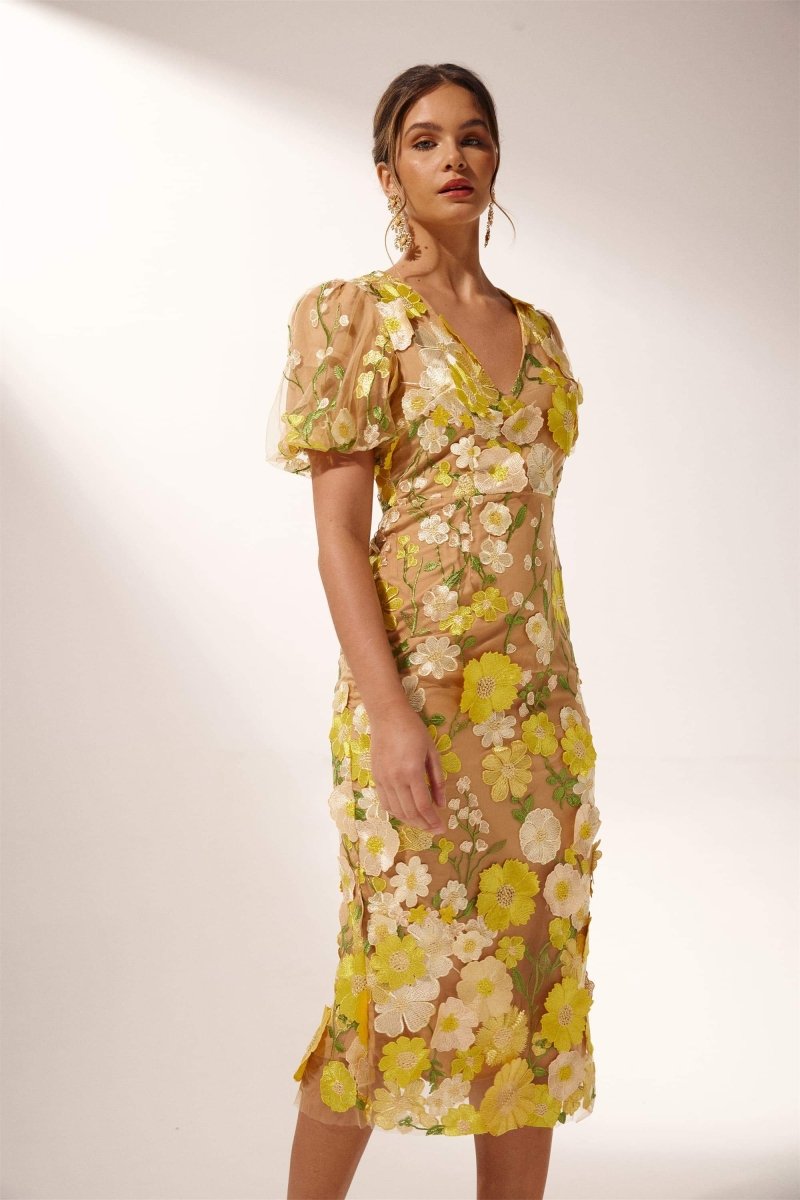 Sally V-Neck Flower Midi-Length Dress