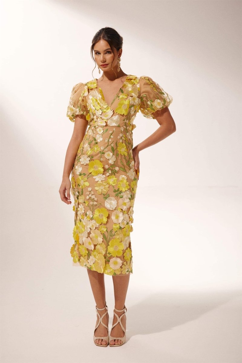 Sally V-Neck Flower Midi-Length Dress