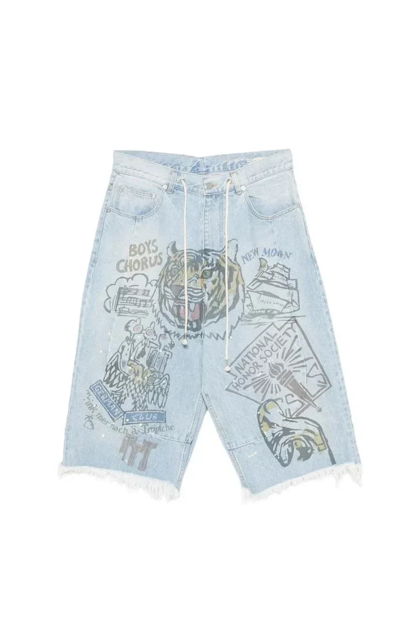 Light Blue Graphic Print Wide-Leg Jeans