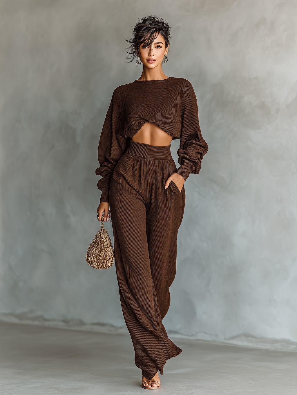 Women's Coffee-colored Short Top And Wide-Leg Trousers Knitted Set