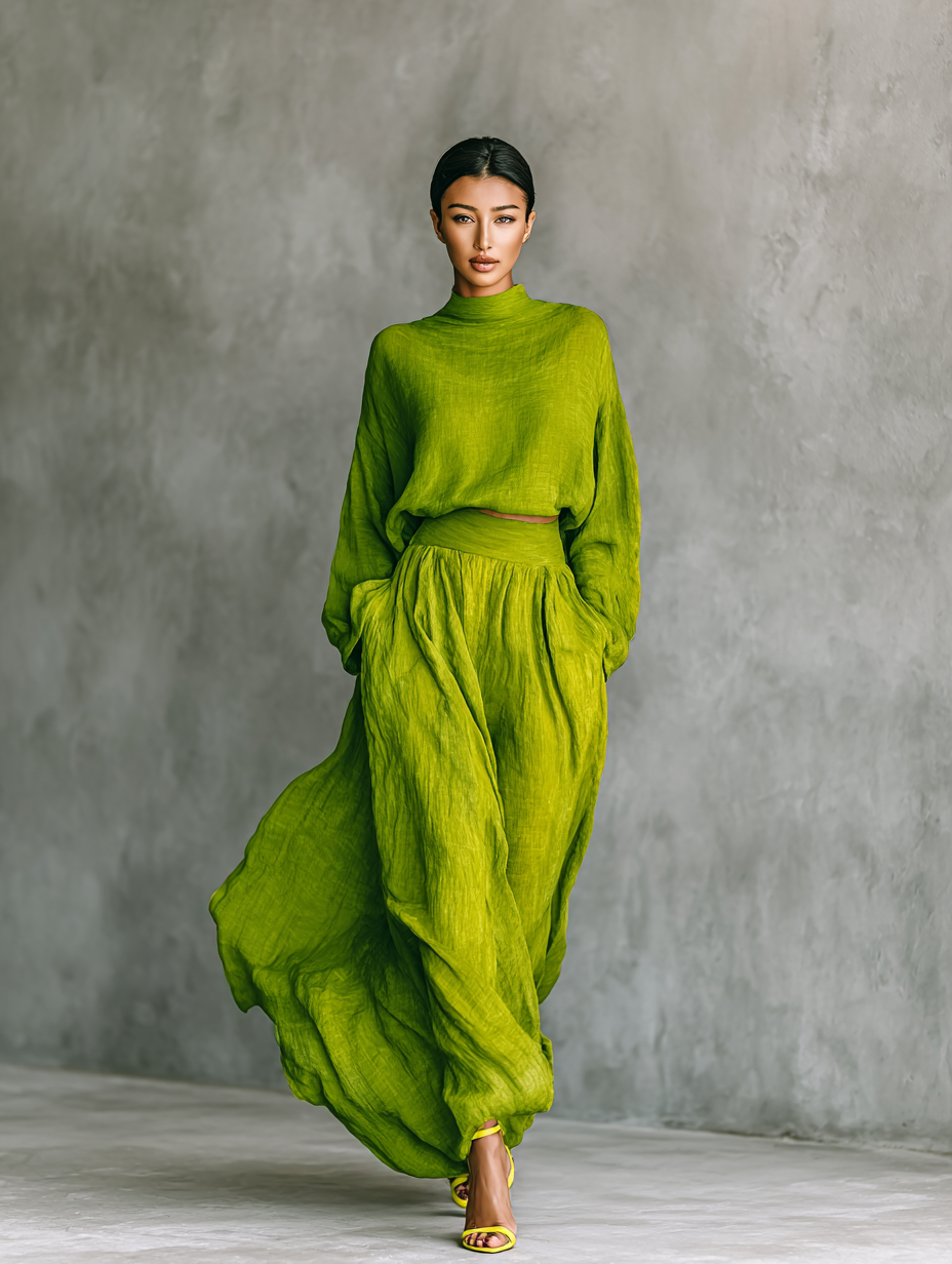 Coordinated Women's Green Turtleneck Top and Maxi Skirt Set