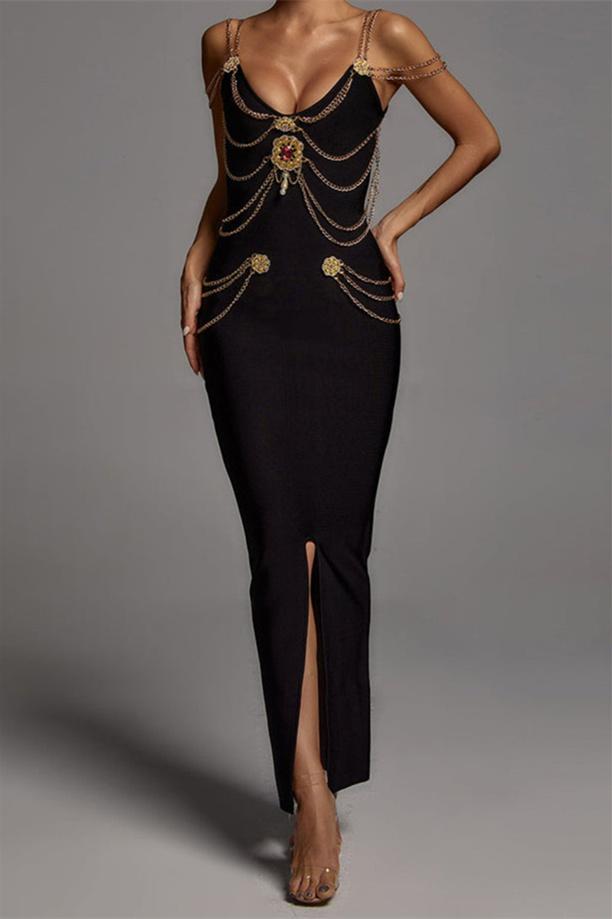 Setlla Metal Embellishment V-Neck Midi-Length Dress