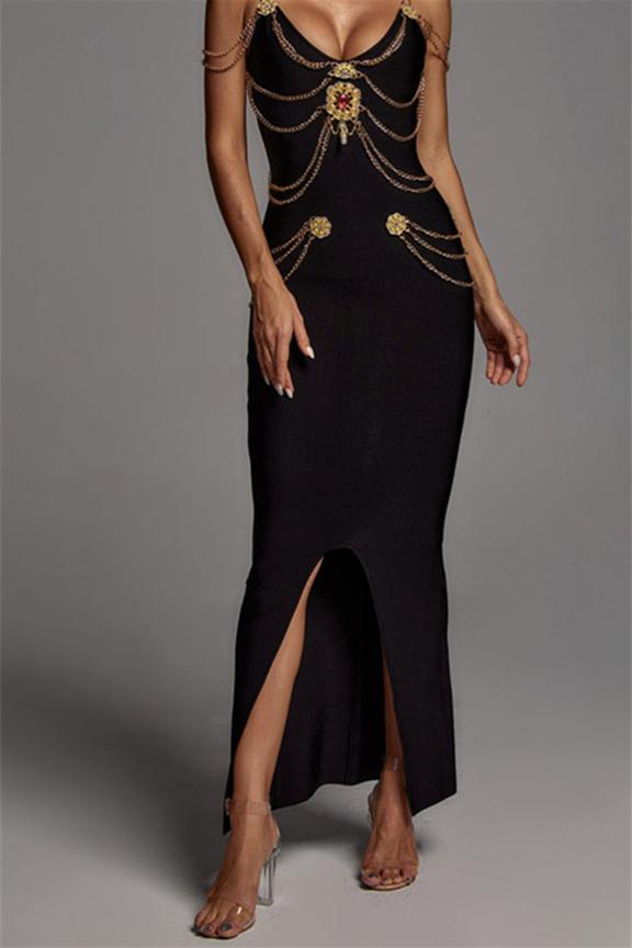 Setlla Metal Embellishment V-Neck Midi-Length Dress