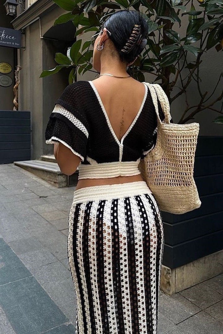 Coordinated Sibyl Hollow Out Stripe Knit Set