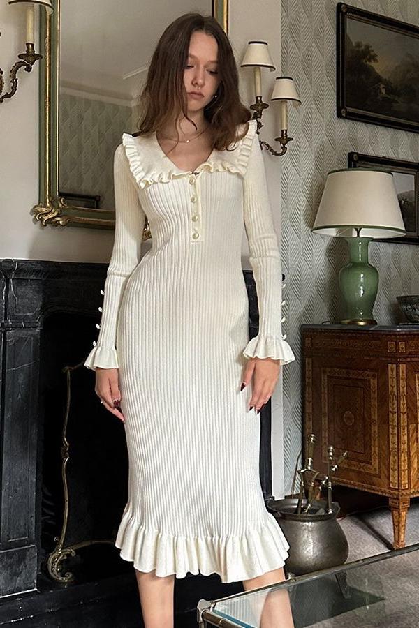 Sicily Ruffled Pearl Midi Knit Dress