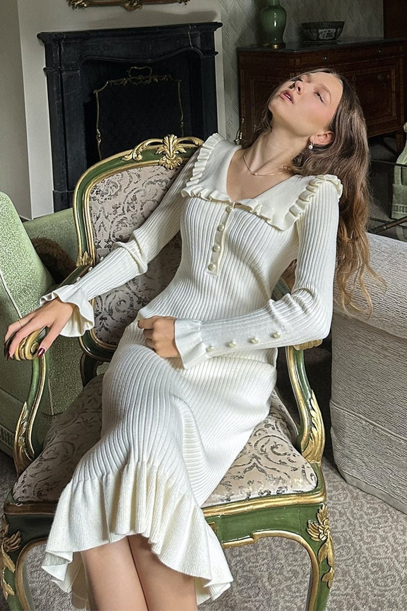Sicily Ruffled Pearl Midi Knit Dress