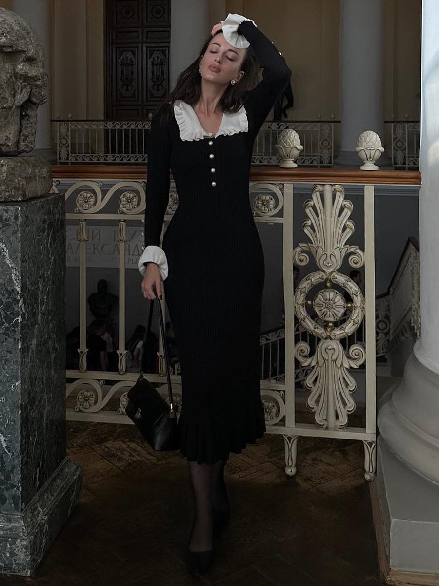 Sicily Ruffled Pearl Midi Knit Dress