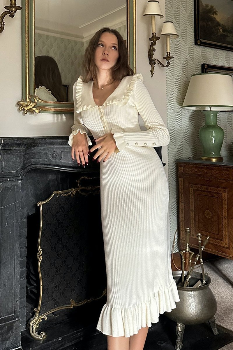 Sicily Ruffled Pearl Midi Knit Dress