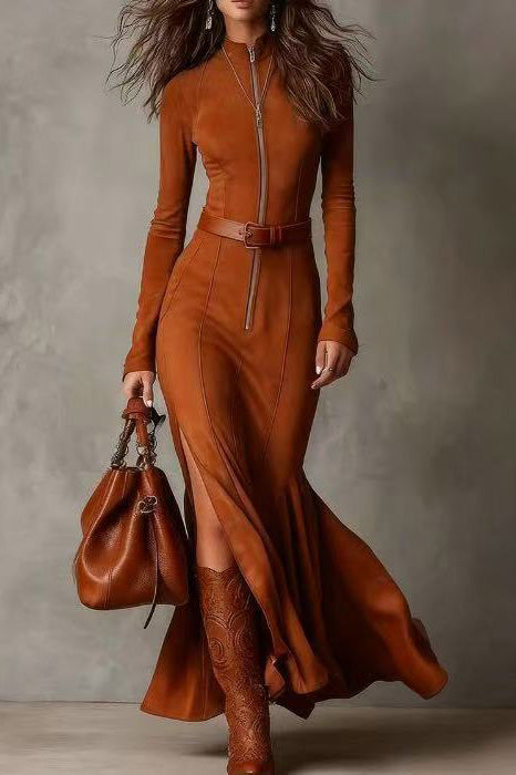 Refined Dark Brown Suede Drawstring Irregular Midi-Length Dress