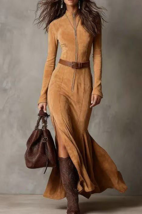 Refined Dark Brown Suede Drawstring Irregular Midi-Length Dress
