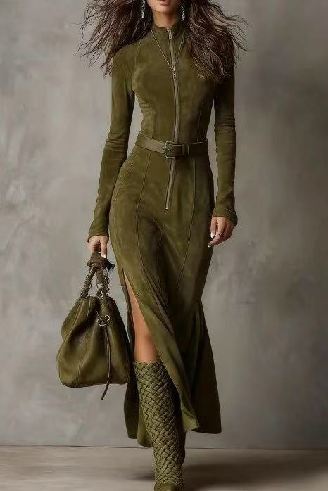 Refined Dark Brown Suede Drawstring Irregular Midi-Length Dress