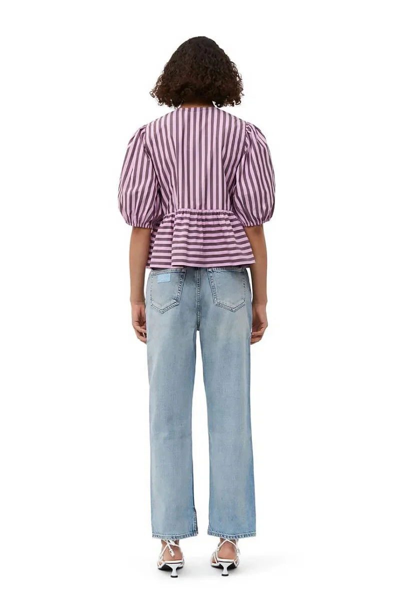 Modern Stripes Puff Sleeve Peplum Bow Ties Blouse Short Top